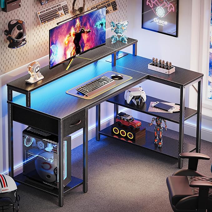 SUPERJARE 47 inch Reversible L Shaped Desk with LED Lights & Power Outlets, Computer Desk with Shelves & Monitor Stand, Gaming Desk with Drawer, Home Office Desk Corner Desk, Carbon Fiber Black - LeafyLoom