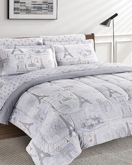 Printed Queen Bedding Sets with Comforter and Sheets, 7 Piece Bed in A Bag Comforter Set with Fluffy Microfiber, Vintage French Paris City Retro Eiffel Tower Pattern - LeafyLoom