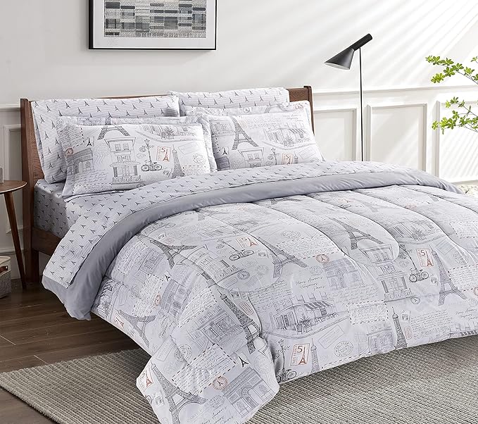 Printed Queen Bedding Sets with Comforter and Sheets, 7 Piece Bed in A Bag Comforter Set with Fluffy Microfiber, Vintage French Paris City Retro Eiffel Tower Pattern - LeafyLoom