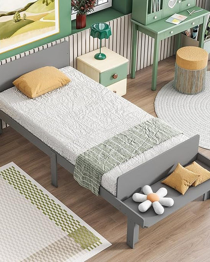 Twin Bed with Footboard Bench, Twin Kid Bed with Headboard, Wood Slat Support, Cute Kid Bed Frame with Book Storage Space, Twin Car Bed for Boys Girls Bedroom, No Box Spring Needed, Grey - LeafyLoom