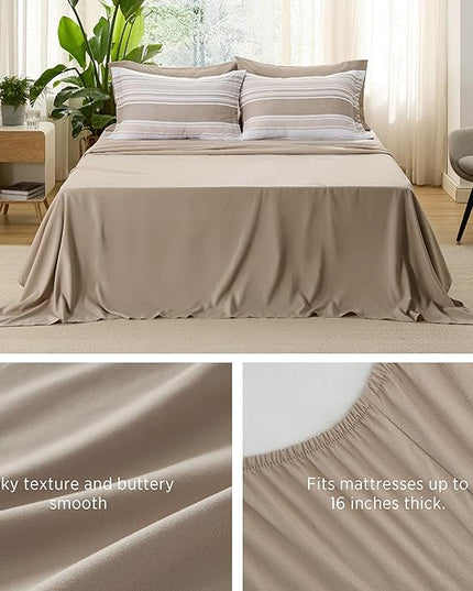 Bedsure Brown Twin Size Comforter Sets 5 Pieces - Striped Beddding sets, Bed in a Bag Twin with Comforter, Fitted Sheet, Flat Sheet, Pillowcase & Shams - LeafyLoom