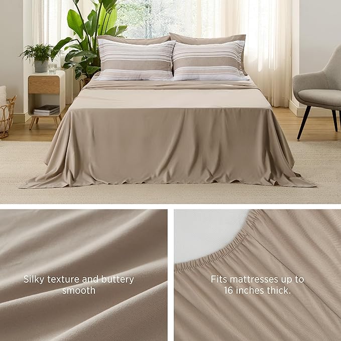 Bedsure Brown Twin Size Comforter Sets 5 Pieces - Striped Beddding sets, Bed in a Bag Twin with Comforter, Fitted Sheet, Flat Sheet, Pillowcase & Shams - LeafyLoom