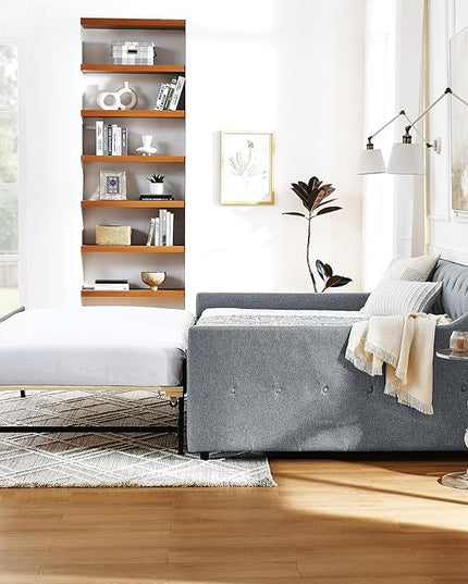 Full Size Upholstery modern linen Daybed, Trundle sofaBed,Armrest with USB charging end pull out Button Tufted Armrest side with pocket,for Bedroom Living Room - LeafyLoom