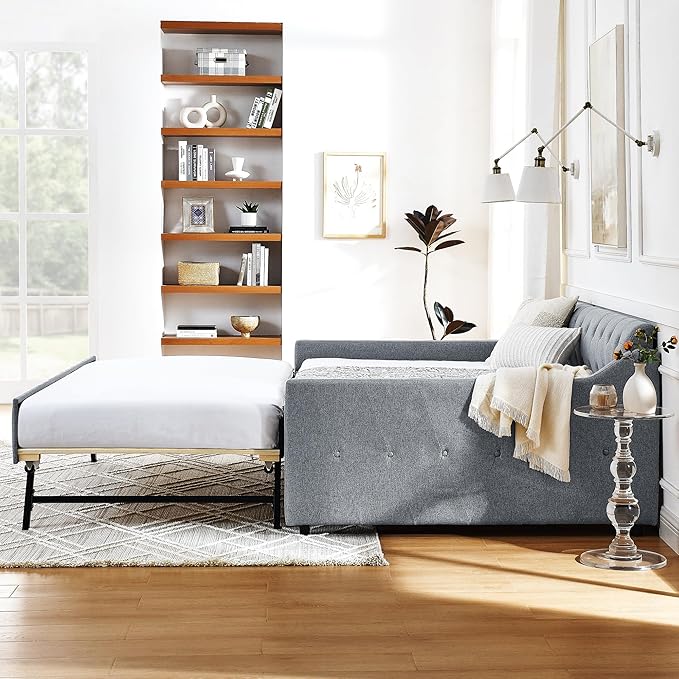 Full Size Upholstery modern linen Daybed, Trundle sofaBed,Armrest with USB charging end pull out Button Tufted Armrest side with pocket,for Bedroom Living Room - LeafyLoom