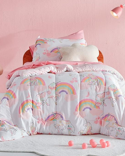 SLEEP ZONE Kids Bedding Comforter Set Full/Queen Size - Super Cute & Soft Kids Bedding 7 Pieces Set with Comforter, Sheet, Pillowcase & Sham (Pink Unicorn) - LeafyLoom