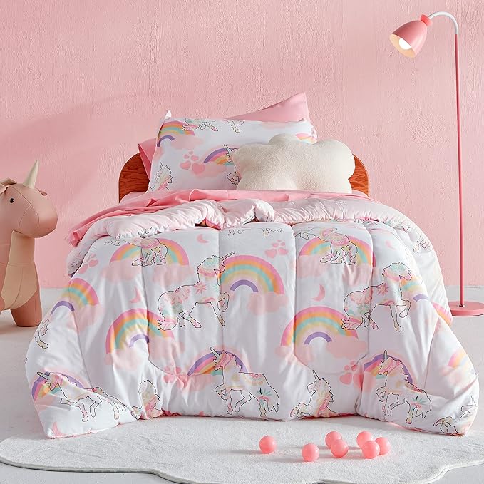 SLEEP ZONE Kids Unicorn Bedding Twin Comforter Set - Super Soft & Cute Printed 2-Piece Comforter Set All Seasons for Girls, Fade Resistant, Machine Washable, Pink Unicorn - LeafyLoom