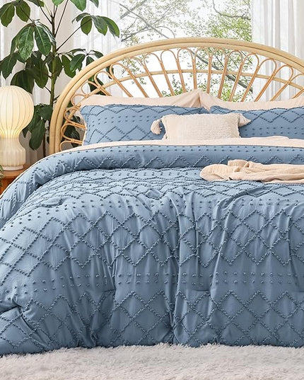 Bedsure Queen Comforter Set - Grayish Blue Comforter, Boho Tufted Shabby Chic Bedding Comforter Set, 3 Pieces Vintage Farmhouse Bed Set for All Seasons, Fluffy Soft Bedding Set with 2 Pillow Shams - LeafyLoom