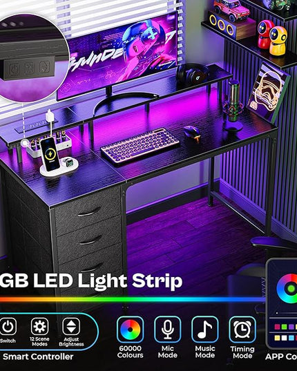 47 Inch Computer Desk with Power Outlets and LED Lights, Gaming Desk with 4 Drawers, Office Desk with Monitor Stand, Study Desk Work Desk for Home Office, Small Spaces, Black - LeafyLoom