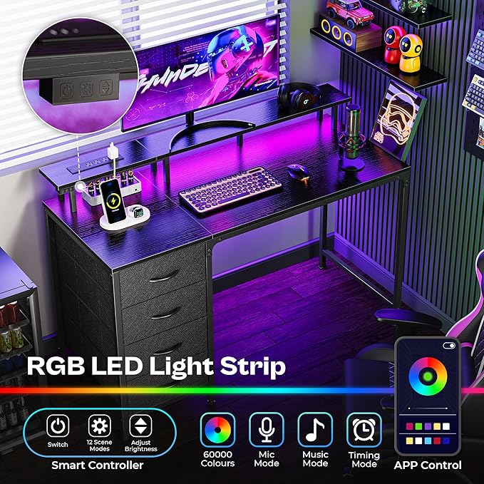 47 Inch Computer Desk with Power Outlets and LED Lights, Gaming Desk with 4 Drawers, Office Desk with Monitor Stand, Study Desk Work Desk for Home Office, Small Spaces, Black - LeafyLoom