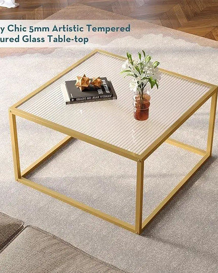 SAYGOER Modern Glass Coffee Table Small Squre Coffee Tables for Large or Small Space Unique Art Center Table for Living Room Home Office with Gold Metal Frame, Easy Assembly - LeafyLoom
