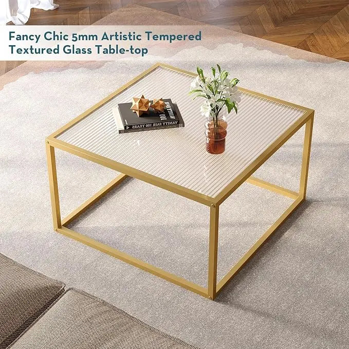 SAYGOER Modern Glass Coffee Table Small Squre Coffee Tables for Large or Small Space Unique Art Center Table for Living Room Home Office with Gold Metal Frame, Easy Assembly - LeafyLoom