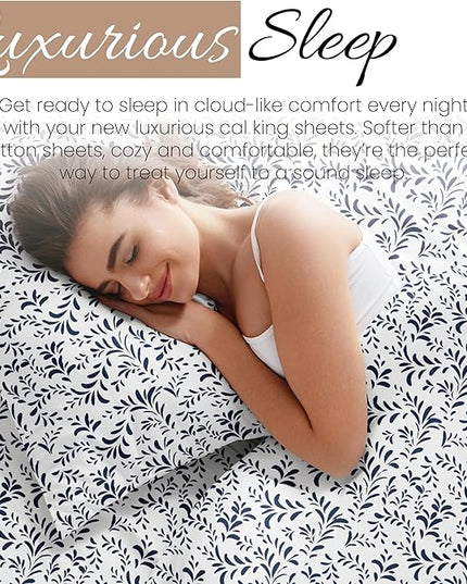 4 Piece California King Bedding Sheet Set (Navy Vines) - Sleep Better Than Ever with These Ultra-Soft & Cooling Bed Sheets for Your Cal King Size Bed - Deep Pocket Fits 16" Mattress - LeafyLoom