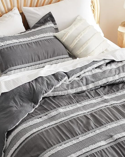Bedsure Boho Comforter Set Queen - Dark Grey Jacquard Bedding Comforter Set, 3 Pieces Farmhouse Shabby Chic Embroidery Bed Set, Soft Fluffy Tufted Striped Comforter for All Seasons - LeafyLoom