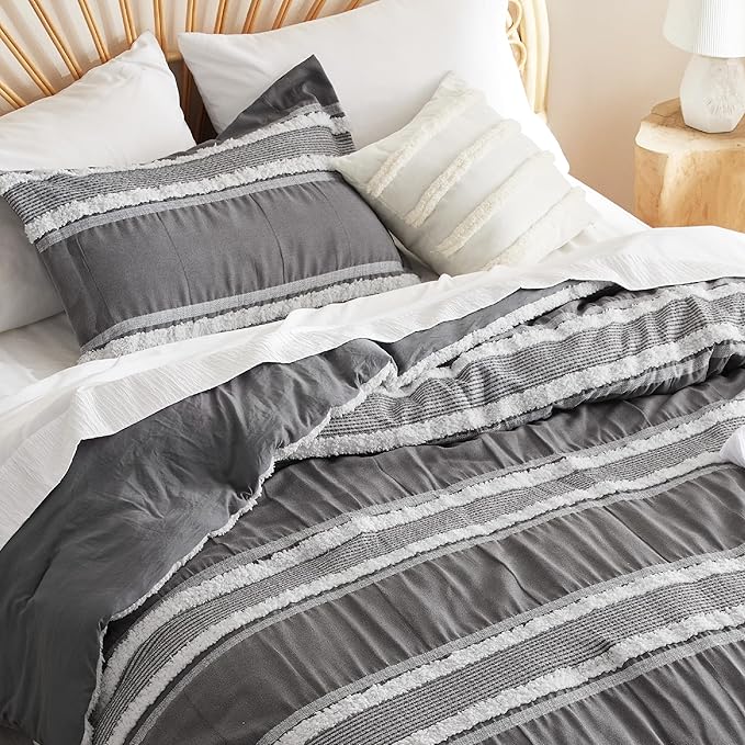 Bedsure Boho Comforter Set Queen - Dark Grey Jacquard Bedding Comforter Set, 3 Pieces Farmhouse Shabby Chic Embroidery Bed Set, Soft Fluffy Tufted Striped Comforter for All Seasons - LeafyLoom