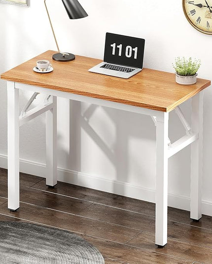 Need Small Computer Desk 31.5 inches Folding Table No Assembly Sturdy Small Writing Desk Folding Desk for Small Spaces, Teak & White AC5-8040-BW - LeafyLoom