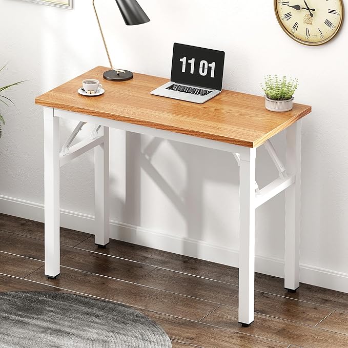 Need Small Computer Desk 31.5 inches Folding Table No Assembly Sturdy Small Writing Desk Folding Desk for Small Spaces, Teak & White AC5-8040-BW - LeafyLoom