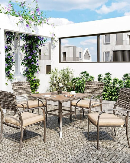 Pamapic Outdoor Piece Patio Dining Set, Weather Resistant PE Rattan Table and Chairs, Comfortable Cushions, Easy Maintenance, 5 PCS, Beige - LeafyLoom