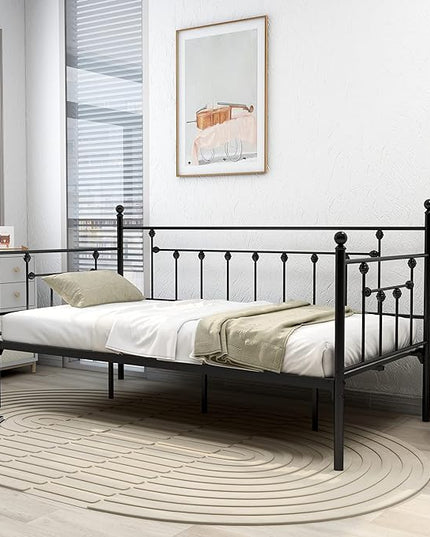 alazyhome Twin Size Metal Daybed Guest Bed Frame for Living Room Bedroom Steel Slat Support No Box Spring Needed Space Saving Black - LeafyLoom