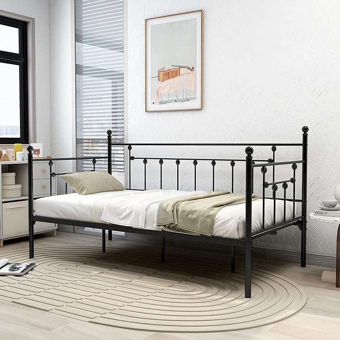 alazyhome Twin Size Metal Daybed Guest Bed Frame for Living Room Bedroom Steel Slat Support No Box Spring Needed Space Saving Black - LeafyLoom