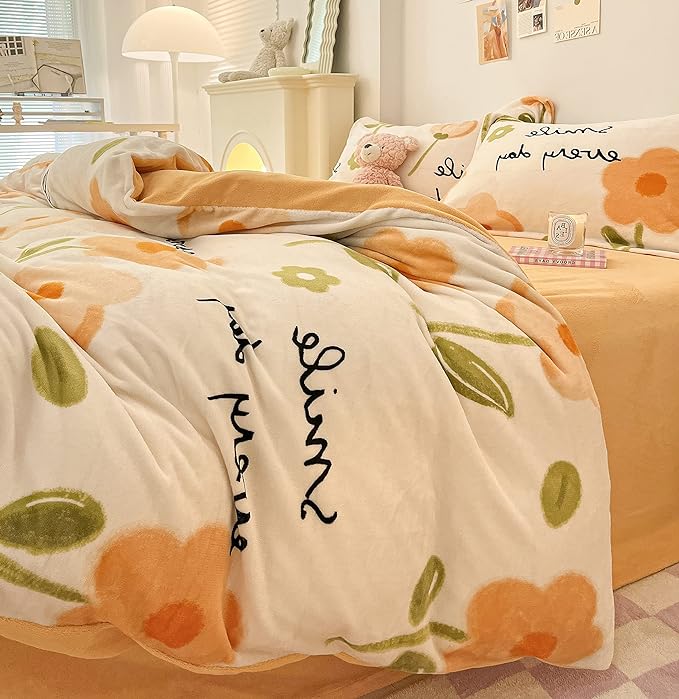 MorroMorn Queen Duvet Cover Orange Flowers, Floral Bedding Sets, Plush Fluffy Comforter Covers Set, Down Alternative Blanket Ultra Soft for Girls Kids Teen Women Full Double Size - LeafyLoom
