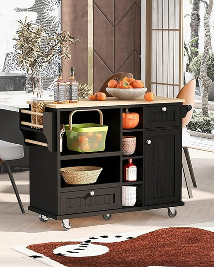 Mobile Cart with Storage Cabinet & Solid Wood Desktop, Kitchen Island on Wheels w/Adjustable Shelf and Drawer, Floor Standing Buffet Server Sideboard for Dining Room, Bar, Black, 50.8 Inch - LeafyLoom