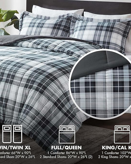 Madison Park Essentials Parkston Plaid Comforter, Matching Sham, 3M Scotchguard Stain Release Cover, Hypoallergenic All Season Bedding-Set, King/California King, Black, 3 Piece - LeafyLoom