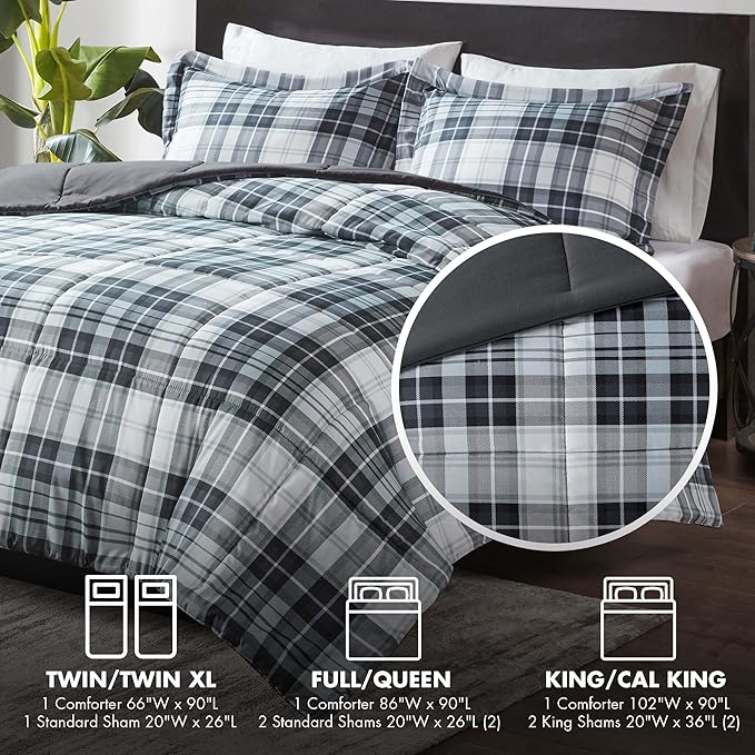Madison Park Essentials Parkston Plaid Comforter, Matching Sham, 3M Scotchguard Stain Release Cover, Hypoallergenic All Season Bedding-Set, King/California King, Black, 3 Piece - LeafyLoom