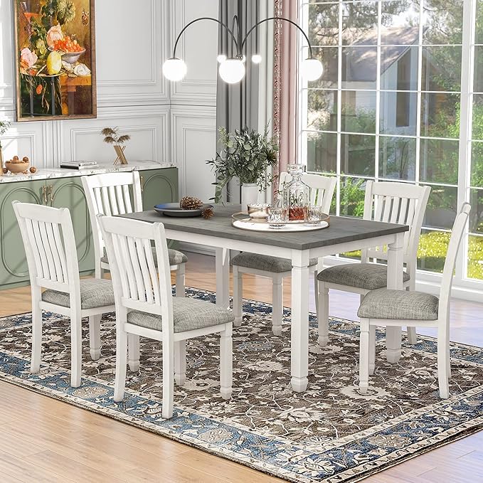 7 Piece Dining Set Wood Rectangular Table and 6 Upholstered Chairs with Shaped Legs for Living Furniture, Guest Room, Home Bar, and Kitchen, White+Gray 37 - LeafyLoom