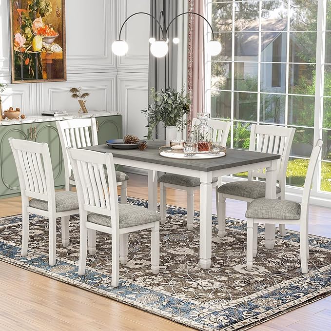 7-Piece Table Set for 6 Wood Dining&Table and 6 Upholstered Chairs with Shaped Legs for Dining Room, Gray+White - LeafyLoom