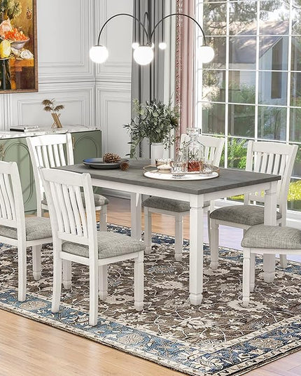Dining Table Set for 6, Wood Kitchen Table and 6 Upholstered Chairs with Backrest, 7-Piece Kitchen Table and Chairs Set with Shaped Legs for Dining Room/Living Room, Grey+White - LeafyLoom