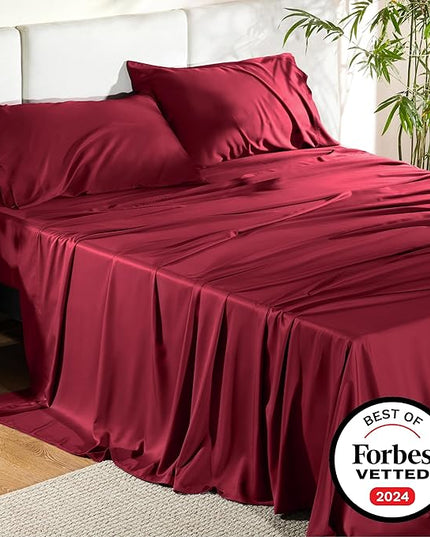 Bedsure Queen Sheets, Rayon Derived from Bamboo, Queen Cooling Sheet Set, Deep Pocket Up to 16", Breathable & Soft Bed Sheets, Hotel Luxury Silky Bedding Sheets & Pillowcases, Burgundy - LeafyLoom