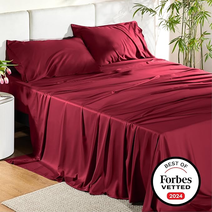 Bedsure King Size Sheet Set, Cooling Sheets King, Rayon Derived from Bamboo, Deep Pocket Up to 16", Breathable & Soft Bed Sheets, Hotel Luxury Silky Bedding Sheets & Pillowcases, Burgundy - LeafyLoom