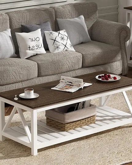 ChooChoo Farmhouse Coffee Table, Rustic Vintage Living Room Table with Shelf, 47 White - LeafyLoom