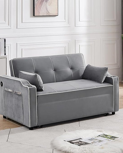 3-in-1 Velvet Upholstered Sofabed Tufted Futon Loveseat Sofa Convertible Sleeper Couch Bed with Cupholders and USB Charging Ports,Modern 2-Seaters Love Seat Daybed for Living Room, 55.2", Gray1 - LeafyLoom