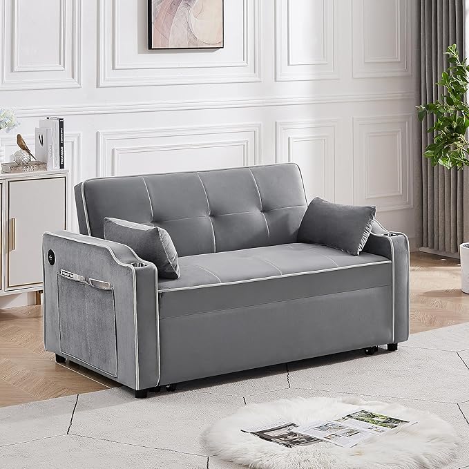 3-in-1 Velvet Upholstered Sofabed Tufted Futon Loveseat Sofa Convertible Sleeper Couch Bed with Cupholders and USB Charging Ports,Modern 2-Seaters Love Seat Daybed for Living Room, 55.2", Gray1 - LeafyLoom