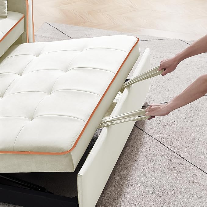3-in-1 Velvet Upholstered Sofabed Tufted Futon Loveseat Sofa Convertible Sleeper Couch Bed with Cupholders and USB Charging Ports,Modern 2-Seaters Love Seat Daybed for Living Room, 55.2", Beige1 - LeafyLoom