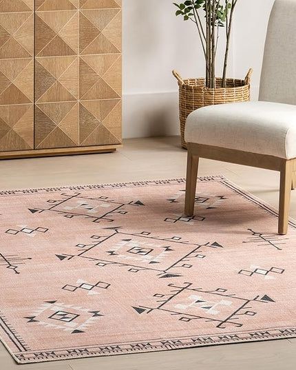 nuLOOM Evalyn Southwestern Machine Washable Ultra Thin Area Rug, 5' x 8', Pink - LeafyLoom