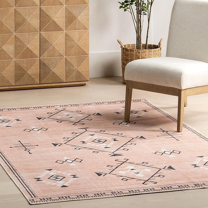 nuLOOM Evalyn Southwestern Machine Washable Ultra Thin Area Rug, 5' x 8', Pink - LeafyLoom
