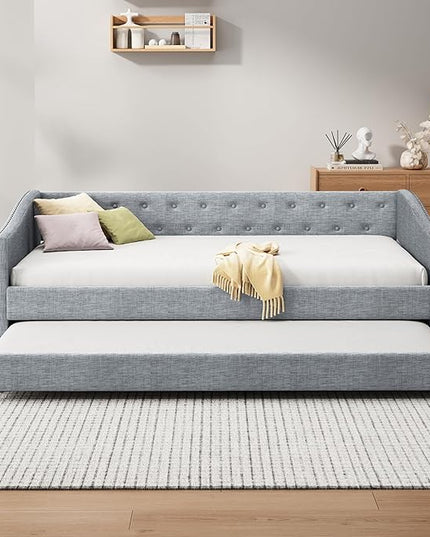 Twin Size Upholstered Daybed with Twin Size Trundle,Wood Sofa Bed Frame W/Button Tufted Back and Nailhead Decorated Waved Shape Arms,Slat Support,for Bedroom,Living Room,Apartment,Light Gray - LeafyLoom