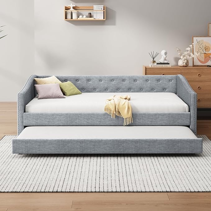 Twin Size Upholstered Daybed with Twin Size Trundle,Wood Sofa Bed Frame W/Button Tufted Back and Nailhead Decorated Waved Shape Arms,Slat Support,for Bedroom,Living Room,Apartment,Light Gray - LeafyLoom