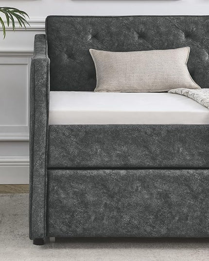 Upholstered Twin Size Daybed with Twin Trundle, Solid Wood Sofa Bed w/Button Tufted Backrest and Waved Shape Arms, for Kids, Living Room, Bedroom, Dorm, No Box Spring Needed, Grey - LeafyLoom