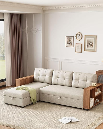 84" Sectional Sleeper Storage Chaise,L Shaped Pull Out Couch with Cabinet,Convertible Corner Sofa Bed W/ 3 Back Cushions for Living Room,Office,Apartment,Small Spaces,Beige - LeafyLoom