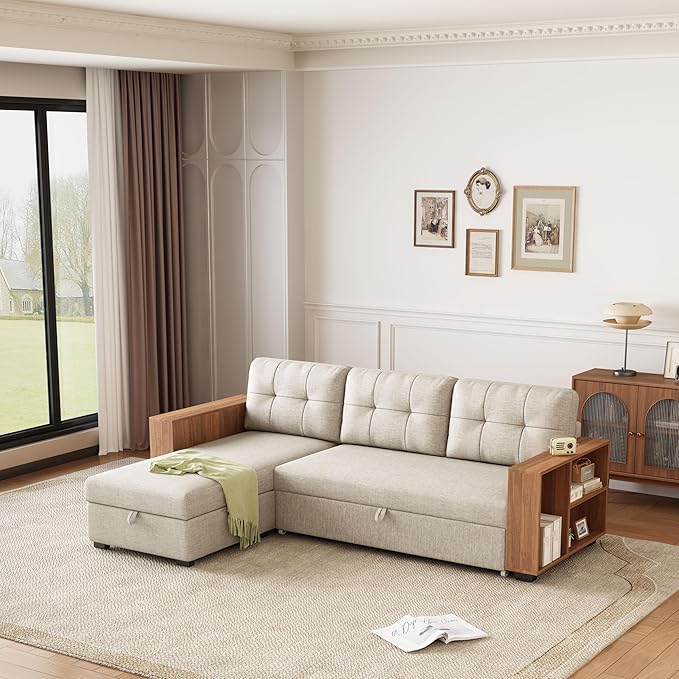Convertible L Shaped Pull Out Couch with Storage Chaise and Wood Cabinet Armrests,Sectional Sleeper Sofa Bed W/ 3 Removable Back Cushions for Living Room,Office,Apartment,Beige,84" - LeafyLoom