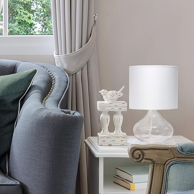 Simple Designs LT2063-CLW Small Glass Raindrop Bedside Table Lamp with White Fabric Shade, Clear - LeafyLoom