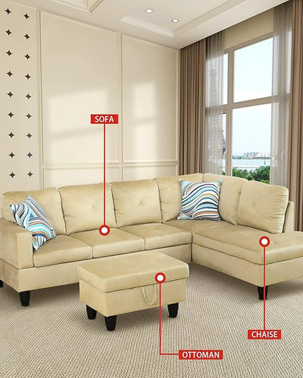 3-Piece L-Shaped Sectional Couches with 66.5'' Chaise Lounge & Storage Ottoman Modular Room Sofas for Home Office Apartment, Large Living Furniture, 97'' Right Hand Facing, Beige Microfiber - LeafyLoom