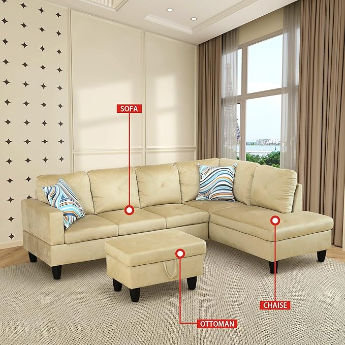 3-Piece L-Shaped Sectional Couches with 66.5'' Chaise Lounge & Storage Ottoman Modular Room Sofas for Home Office Apartment, Large Living Furniture, 97'' Right Hand Facing, Beige Microfiber - LeafyLoom