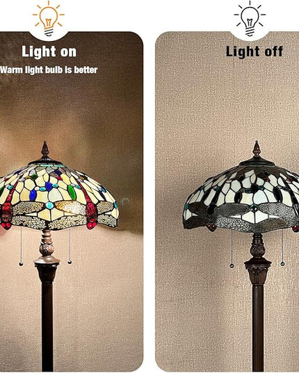 Capulina Tiffany Floor Lamp Cream Dragonfly Antique Style Stained Glass Standing Reading Floor Light 16X16X63 Inches Decor for Living Room Bedroom Home Office - LeafyLoom