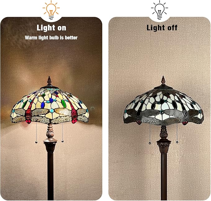 Capulina Tiffany Floor Lamp Cream Dragonfly Antique Style Stained Glass Standing Reading Floor Light 16X16X63 Inches Decor for Living Room Bedroom Home Office - LeafyLoom
