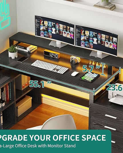 YITAHOME L Shaped Desk with 3 Drawers, 65" Corner Computer Desk with Power Outlets & LED Lights, L-Shaped Desk with File Cabinet & Printer Stand for Home Office, Black - LeafyLoom