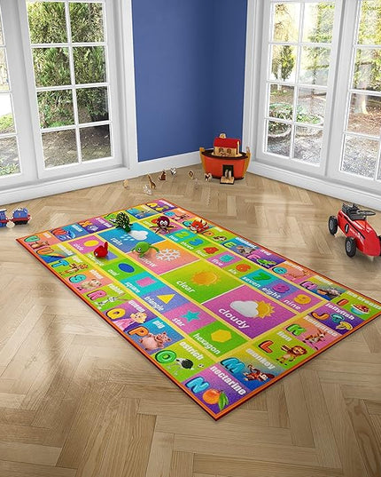 Kids Education Rug Carpet Playmat - ABC Alphabet, Numbers, Shapes and Weather, Extra Large Learn Have Fun Safe, Children's Educational, Multi Color Activity Centerpiece Play Mat! for Bedroom Playroom - LeafyLoom